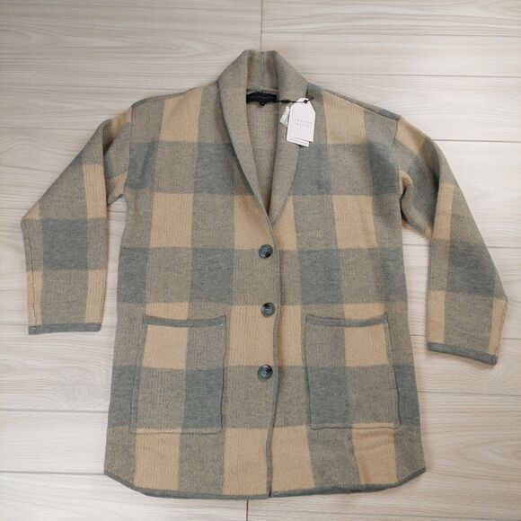 English Factory Womens Knit Sweater Cardigan Small Check Plaid Oversized Pockets - Picture 1 of 10
